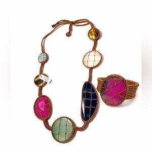 CGI 37 Inch Macrame Woven Necklace and bracelet  .Large Semi Precious Stones